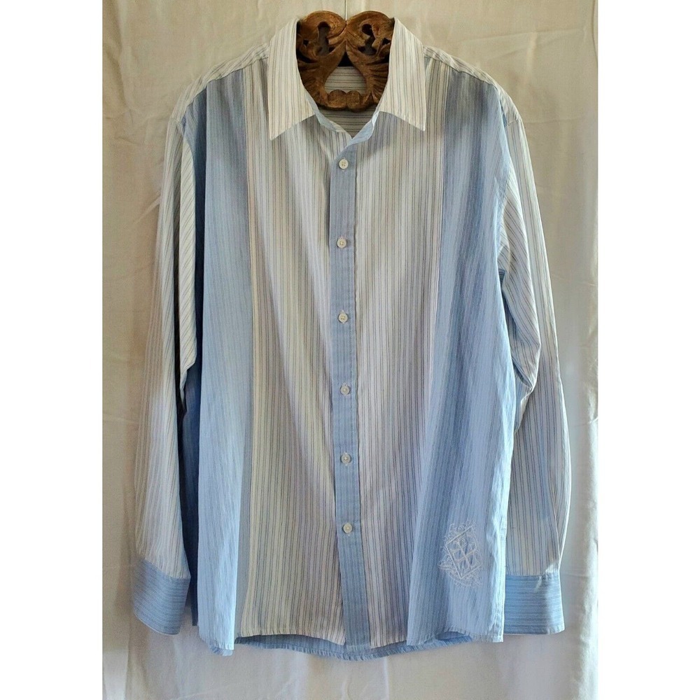 LL COOL J Mens Large Blue White Embroidered Button Down Long Sleeve Shirt